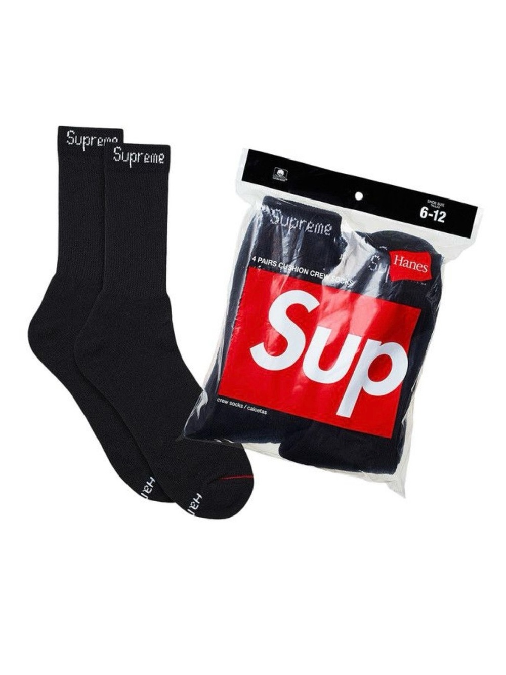 Supreme Black Crew Socks - Pack of 4 by Hanes